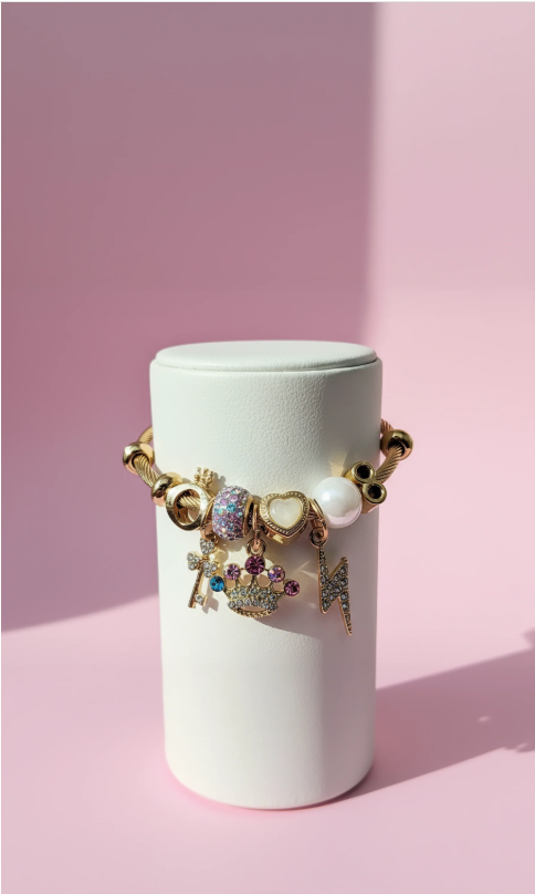 Crown & Key Crystal Charm Beaded Bracelet