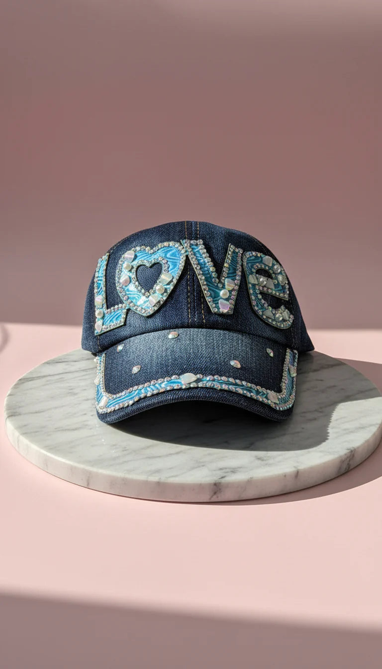 Denim Jewelled Baseball Cap Dark Denim Love