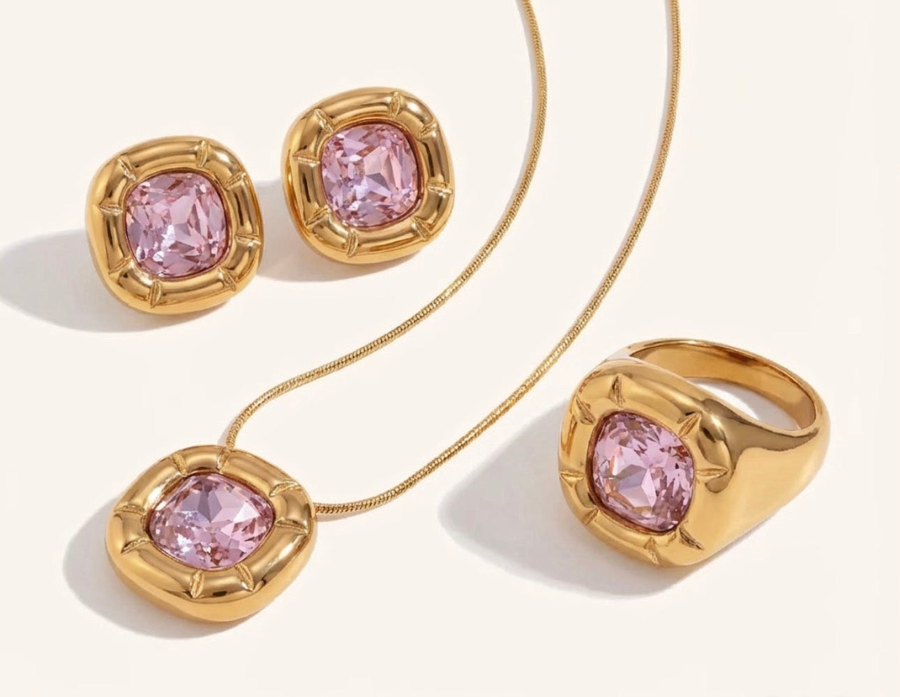 Blush Pink Crystal Jewelry Set – Gold Statement Ring, Necklace & Earrings