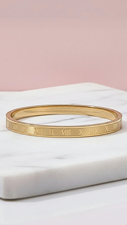 Roman Numeral Stainless Steel His And Her Stacking Bangle Gold