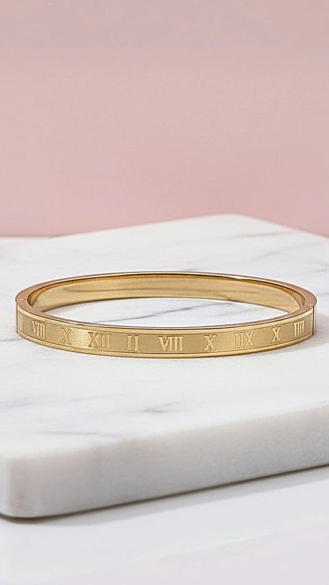 Roman Numeral Stainless Steel His And Her Stacking Bangle Gold