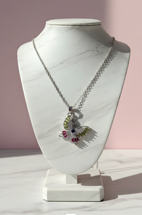 Butterfly Crystal Pendant Necklace Silver