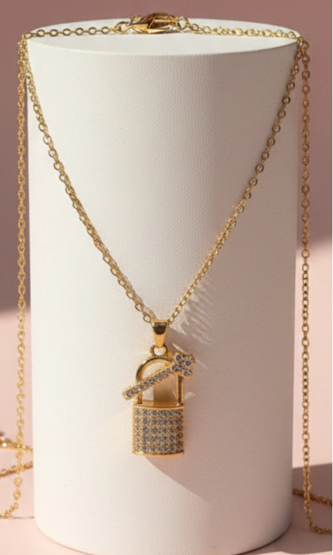 Lock & Key Crystal Stainless Steel Gold Plated Pendant Necklace Gold