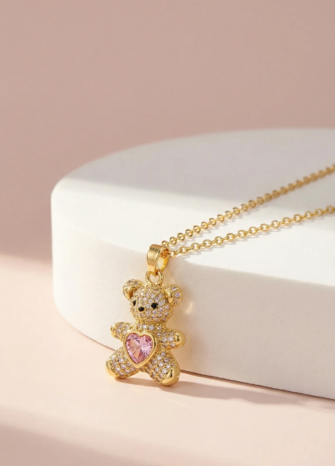 Teddy Bear & Heart Crystal Pendant Necklace