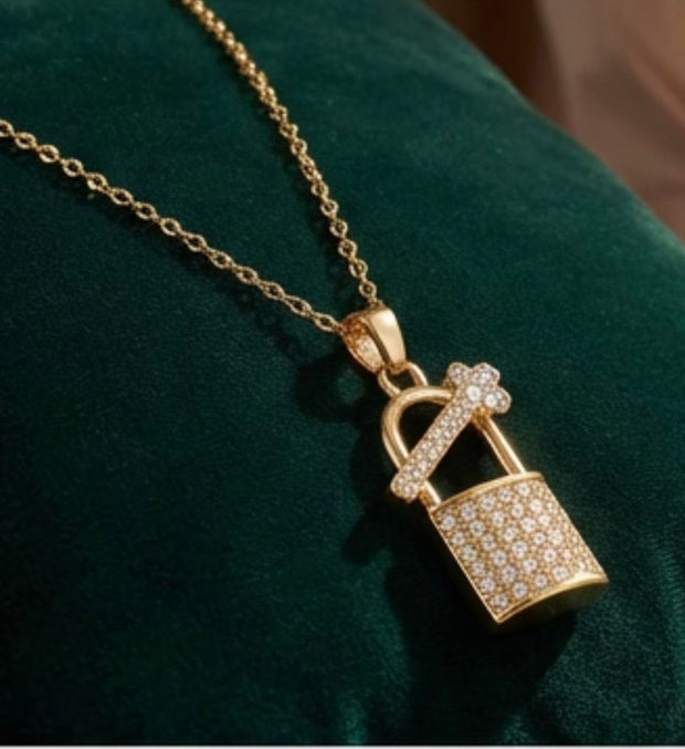 Lock & Key Crystal Stainless Steel Gold Plated Pendant Necklace Gold