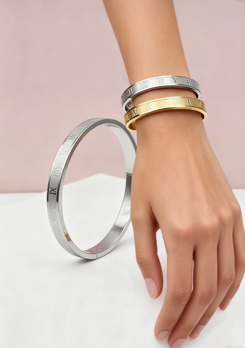 Roman Numeral Stainless Steel his/her or Stacking Bangle Silver