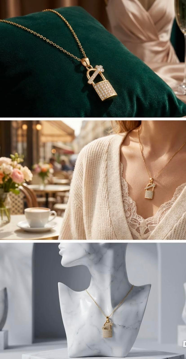 Lock & Key Crystal Stainless Steel Gold Plated Pendant Necklace Gold